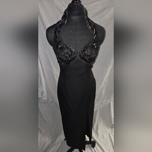 Elegant Black Halter Top Evening Dress With Gold Accents